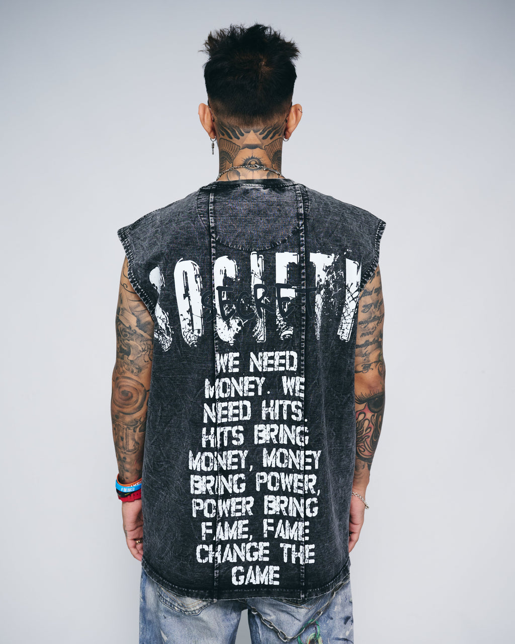 MONEY POWER FAME — WASHED BLACK OVERSIZED TANK